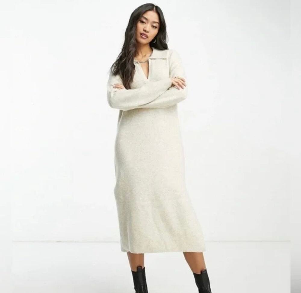 Abercrombie & Fitch Soft A&F Collared Sweater Dress Beige Midi Wool Cream XS